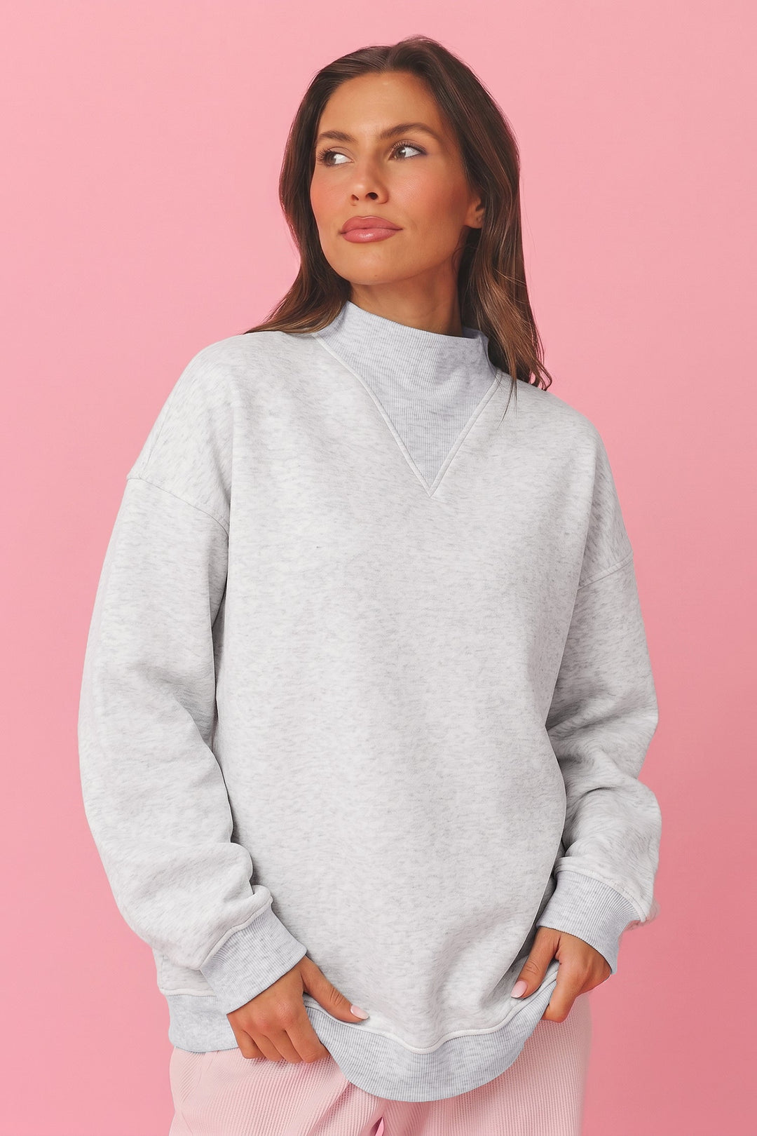 Olive Lane Light Grey High Neck Ribbed Cuff Hem Sweatshirt