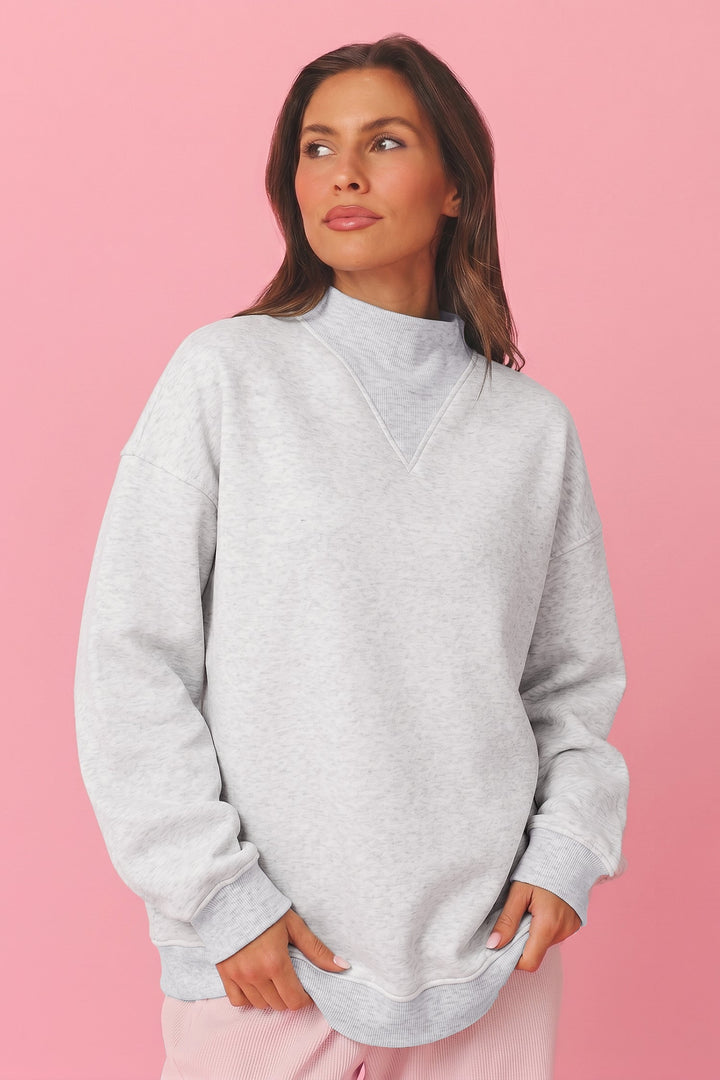 Olive Lane Light Grey High Neck Ribbed Cuff Hem Sweatshirt