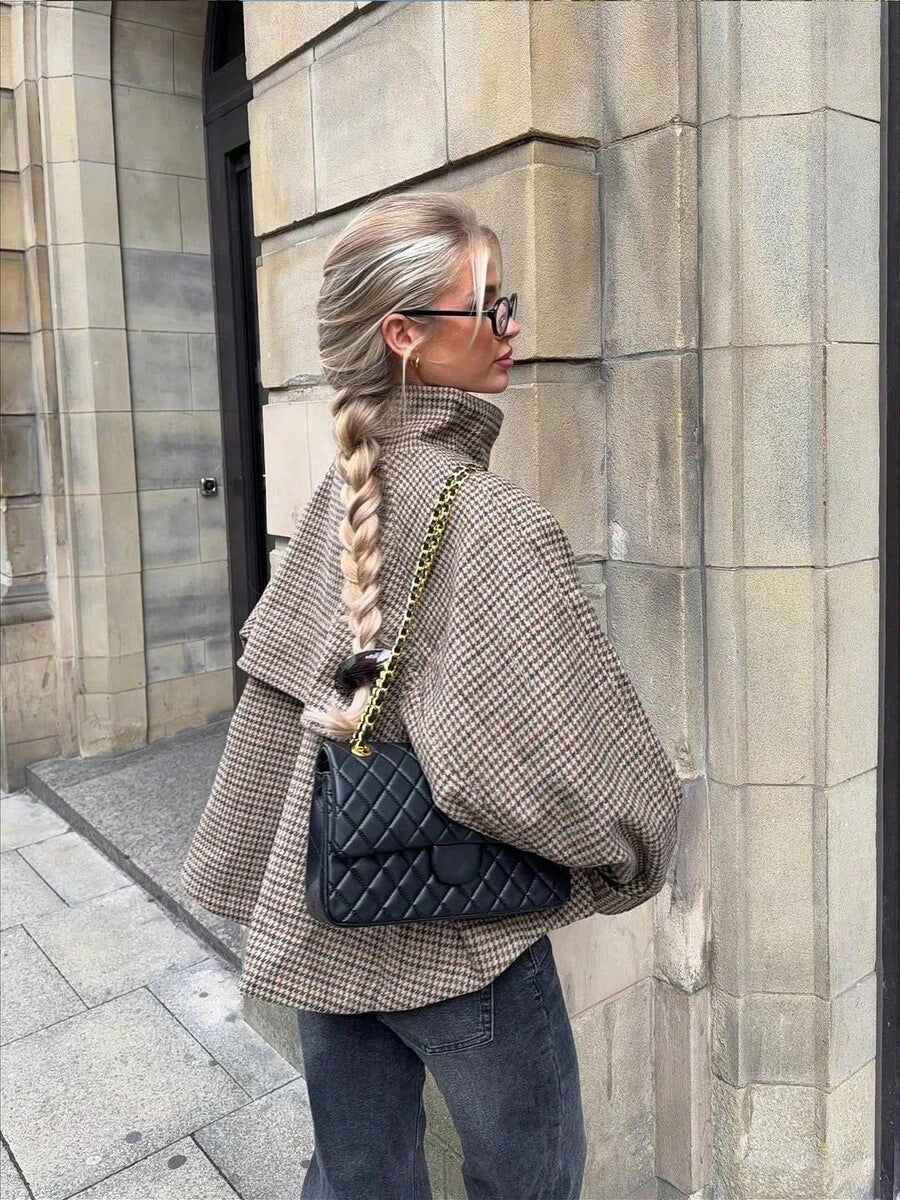 Women Plaid Jacket Light Grey – High Collar Coat – Loose Fit Casual Style