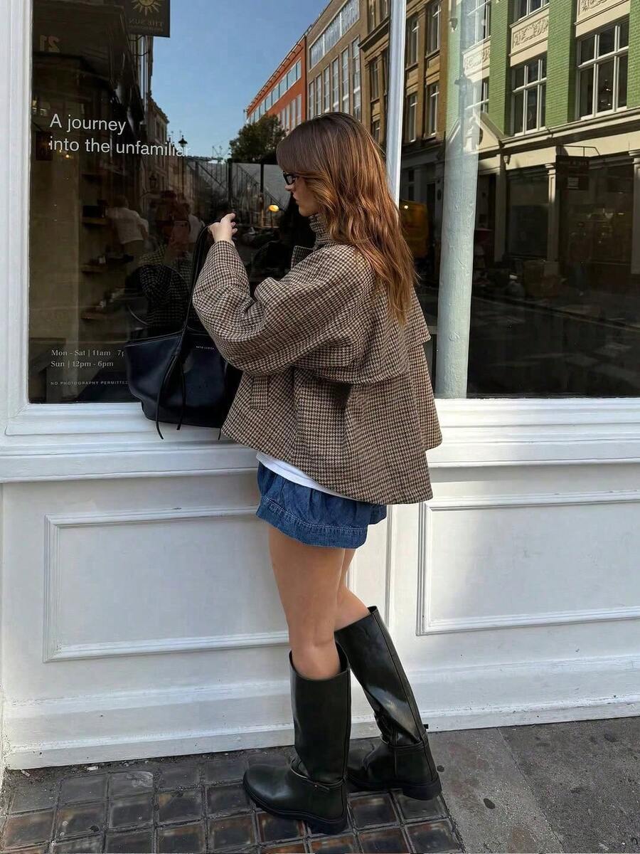 Women Plaid Jacket Light Grey – High Collar Coat – Loose Fit Casual Style