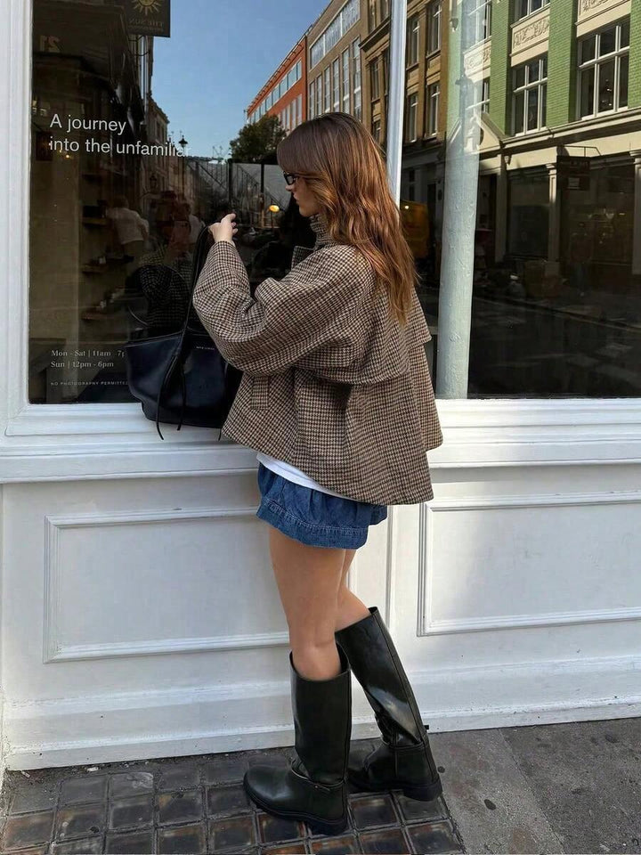 Women Plaid Jacket Light Grey – High Collar Coat – Loose Fit Casual Style