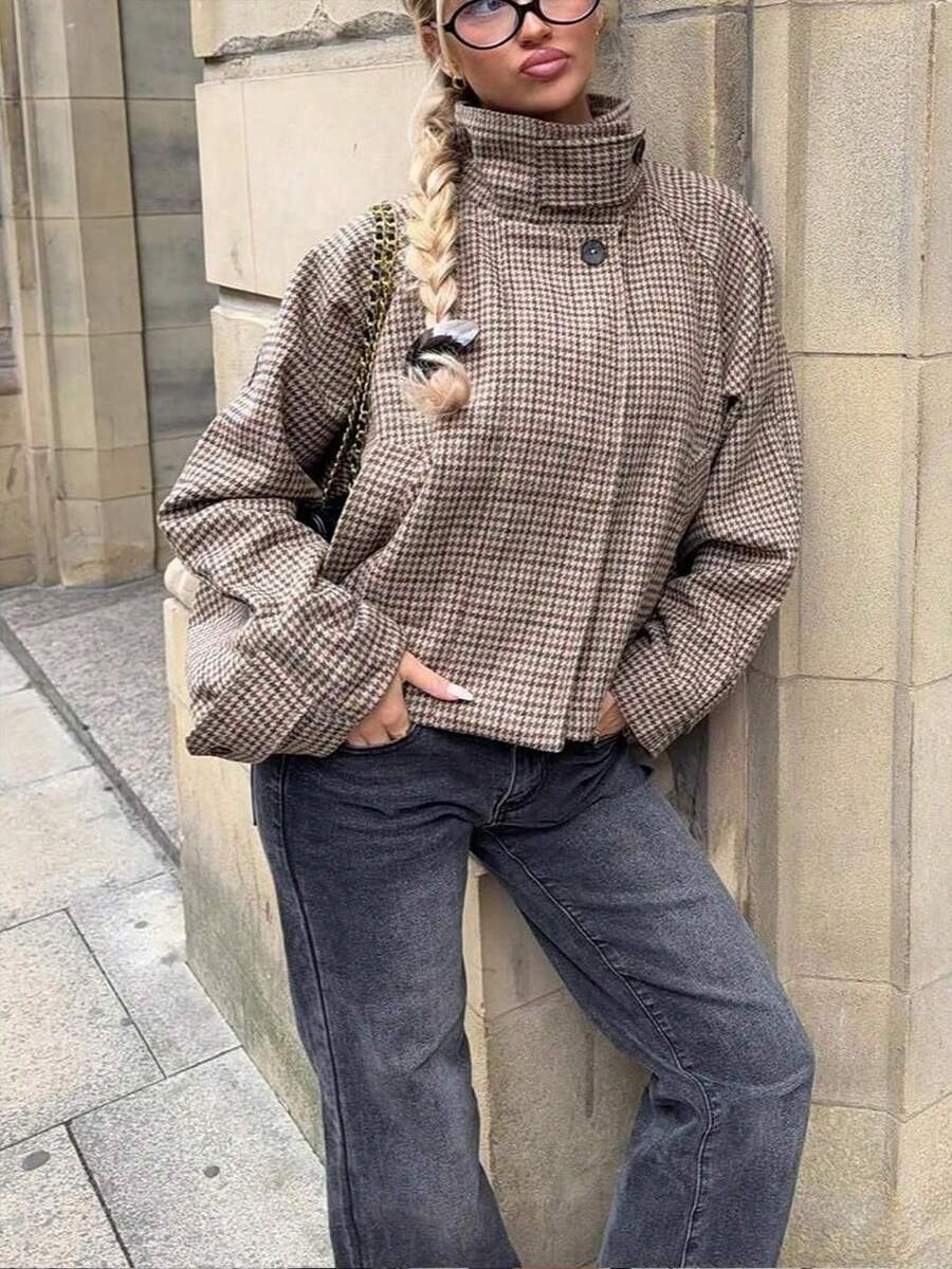 Women Plaid Jacket Light Grey – High Collar Coat – Loose Fit Casual Style