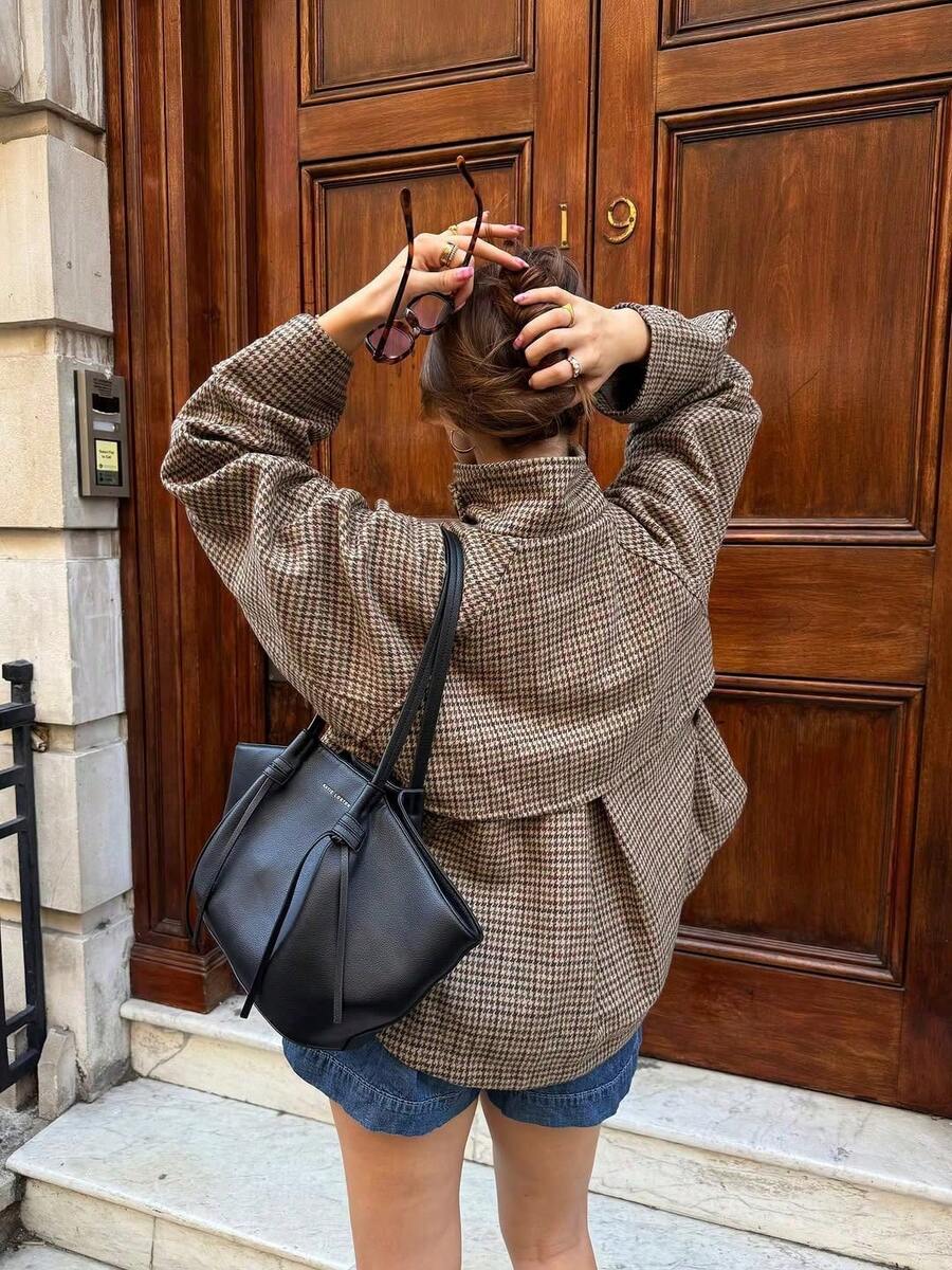 Women Plaid Jacket Light Grey – High Collar Coat – Loose Fit Casual Style
