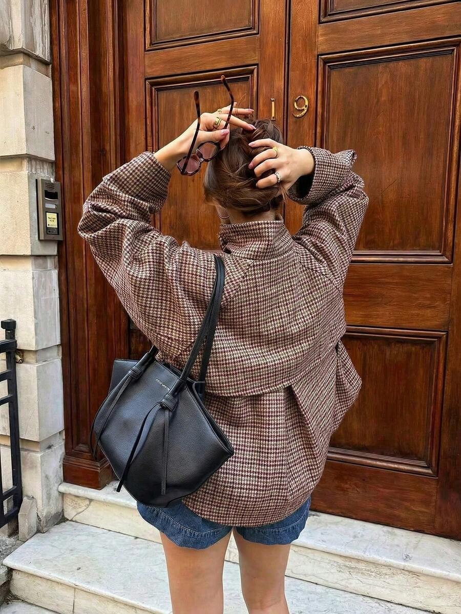 Women Plaid Jacket Light Grey – High Collar Coat – Loose Fit Casual Style