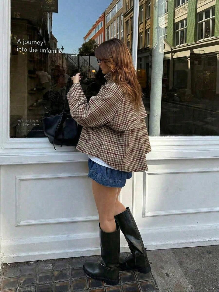 Women Plaid Jacket Light Grey – High Collar Coat – Loose Fit Casual Style