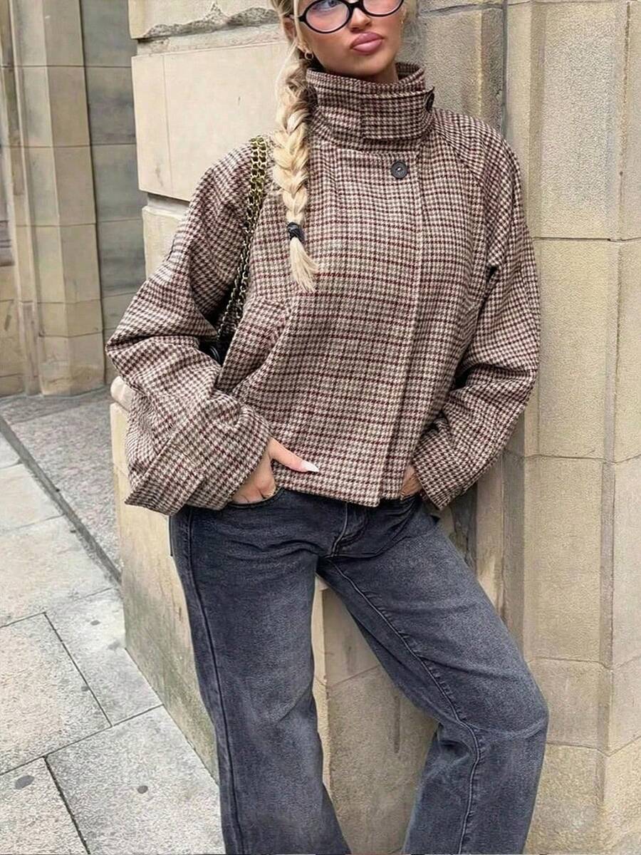 Women Plaid Jacket Light Grey – High Collar Coat – Loose Fit Casual Style