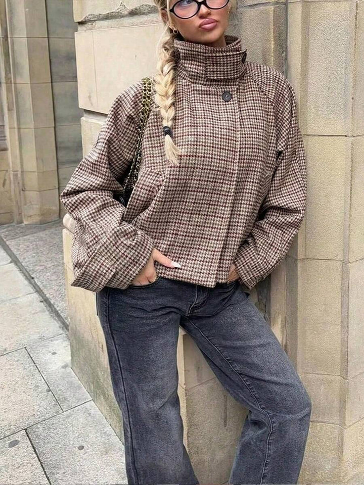 Women Plaid Jacket Light Grey – High Collar Coat – Loose Fit Casual Style