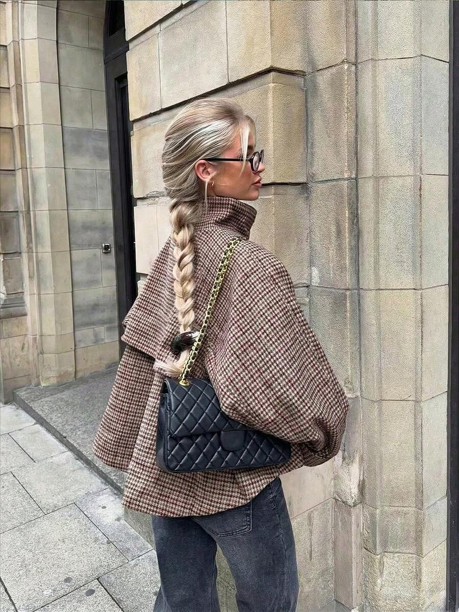Women Plaid Jacket Light Grey – High Collar Coat – Loose Fit Casual Style