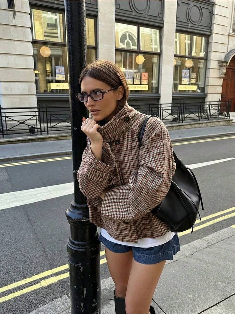 Women Plaid Jacket Light Grey – High Collar Coat – Loose Fit Casual Style