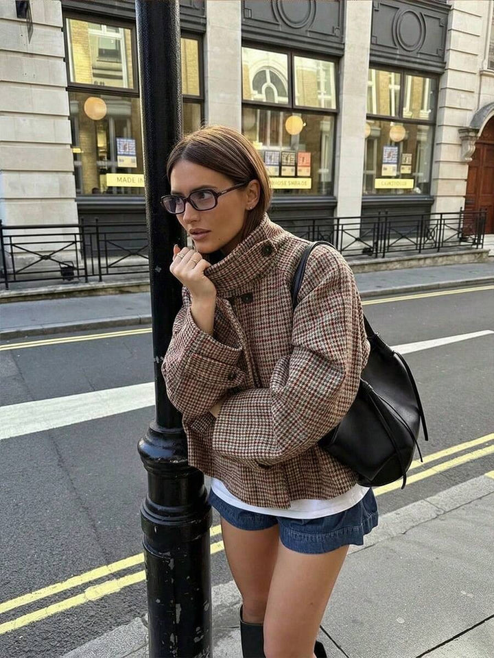 Women Plaid Jacket Light Grey – High Collar Coat – Loose Fit Casual Style