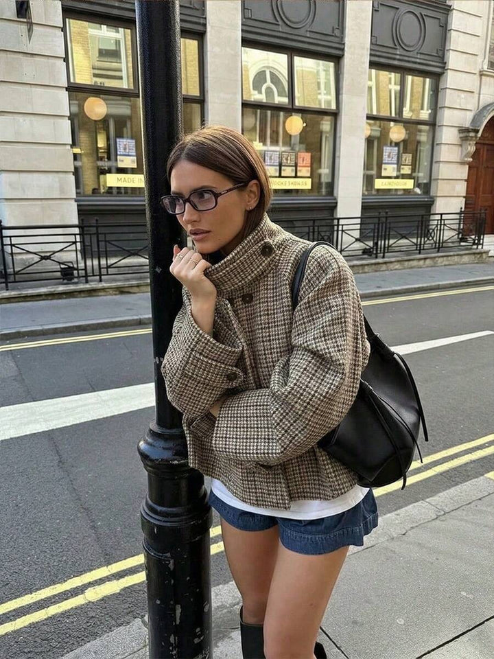 Women Plaid Jacket Light Grey – High Collar Coat – Loose Fit Casual Style