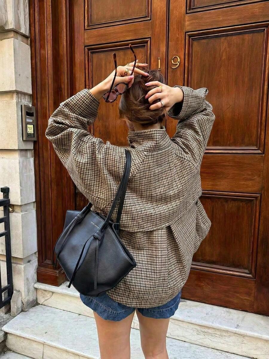 Women Plaid Jacket Light Grey – High Collar Coat – Loose Fit Casual Style