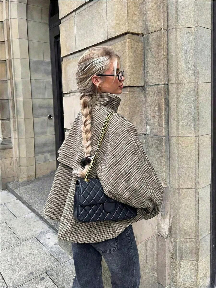 Women Plaid Jacket Light Grey – High Collar Coat – Loose Fit Casual Style