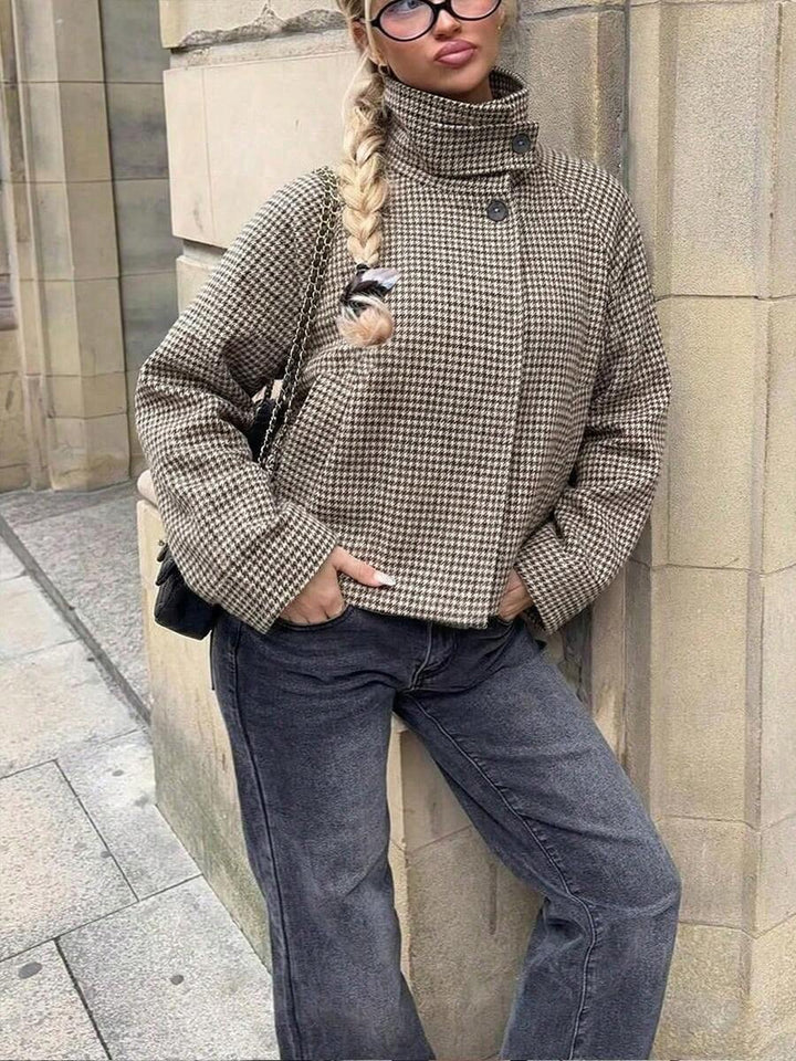 Women Plaid Jacket Light Grey – High Collar Coat – Loose Fit Casual Style