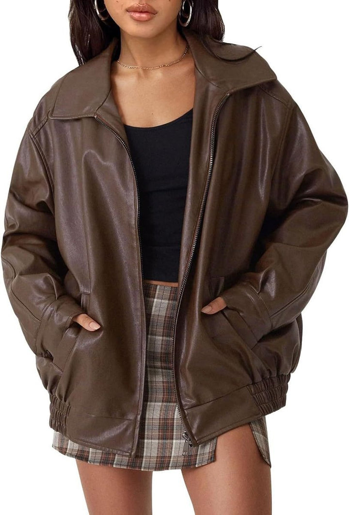 Emily | Oversized Faux Leather Jacket with Wide Lapel