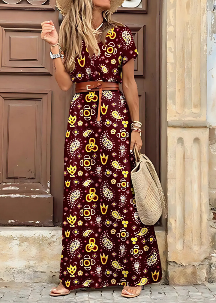 Briony – Elegant Long Dress with Paisley Prints and Belt