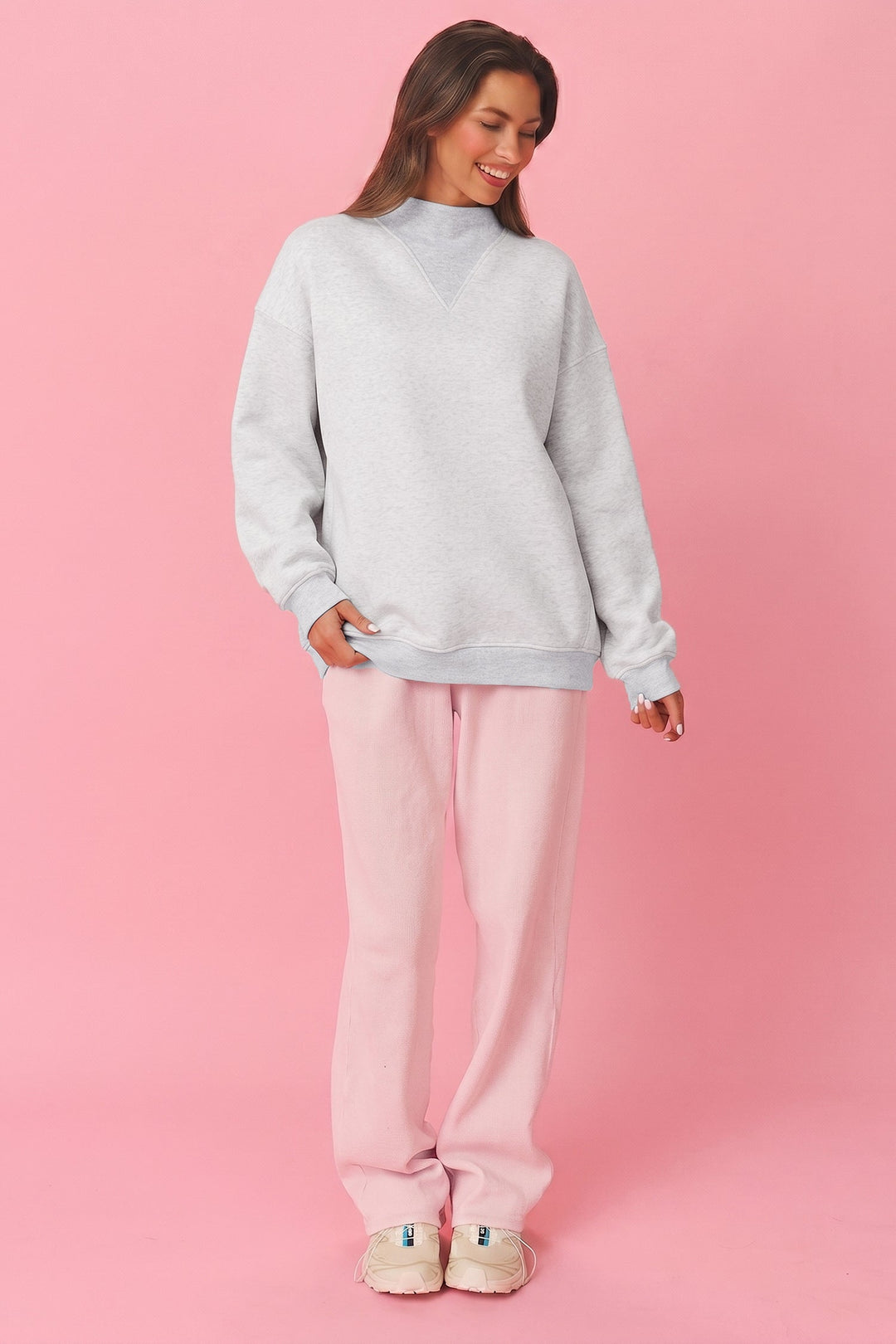 Olive Lane Light Grey High Neck Ribbed Cuff Hem Sweatshirt