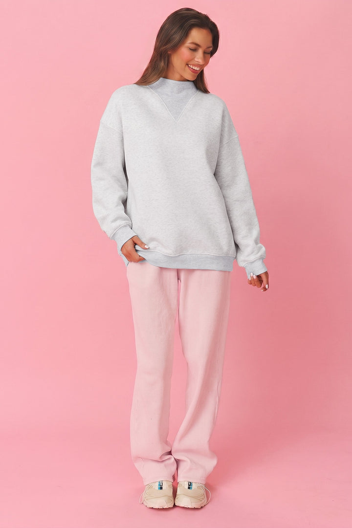 Olive Lane Light Grey High Neck Ribbed Cuff Hem Sweatshirt