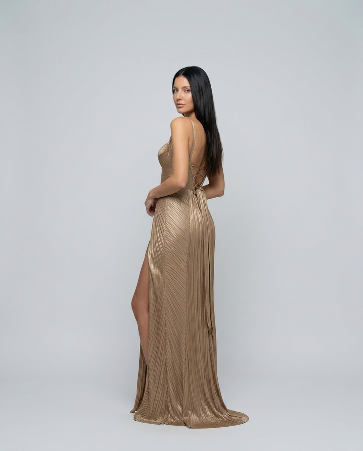 Stella | Gold Glossy Pleated Corset Maxi Dress