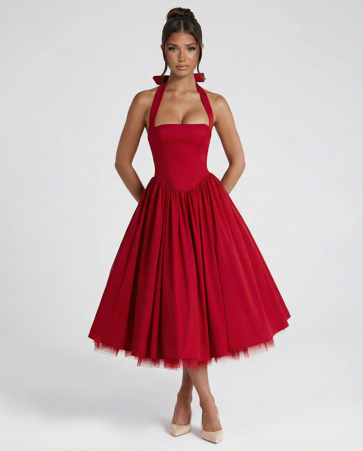 Lena | Midi Halter Neck Lace-Up Back Dress