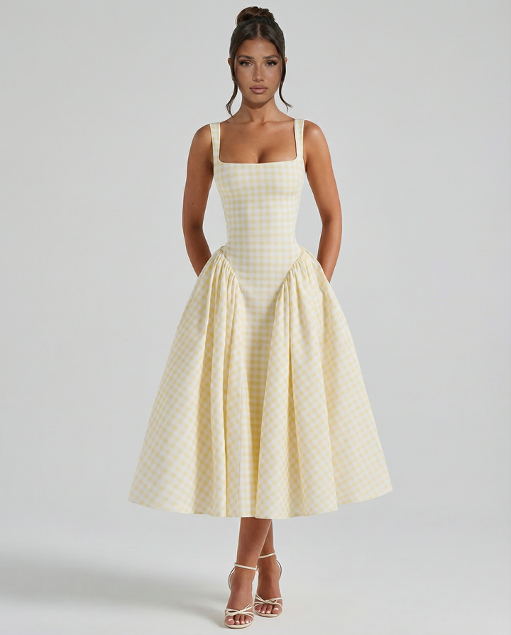 Francesca | Midi Dress with Gingham Corset and Square Neck