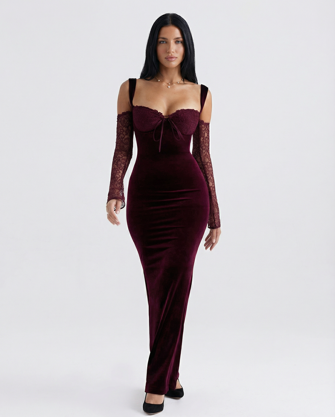 Wanda | Velvet Lace Sleeve Maxi Dress