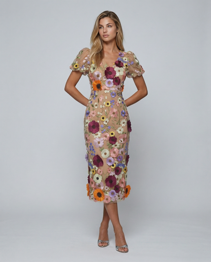 Bernice | V Neck Floral Embroidered Midi Dress