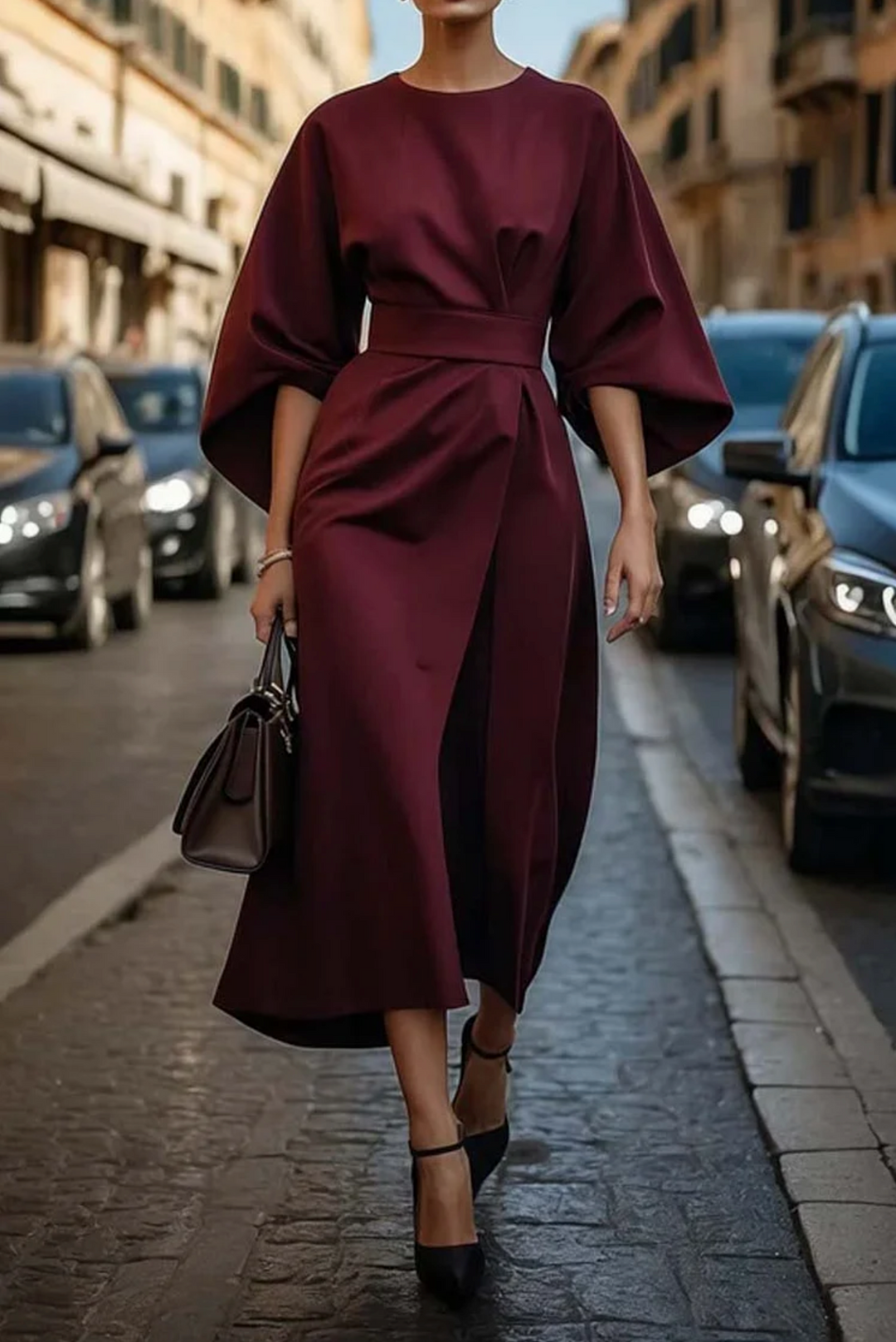 Sonia - Elegant Dress with Lantern Sleeves and Belt
