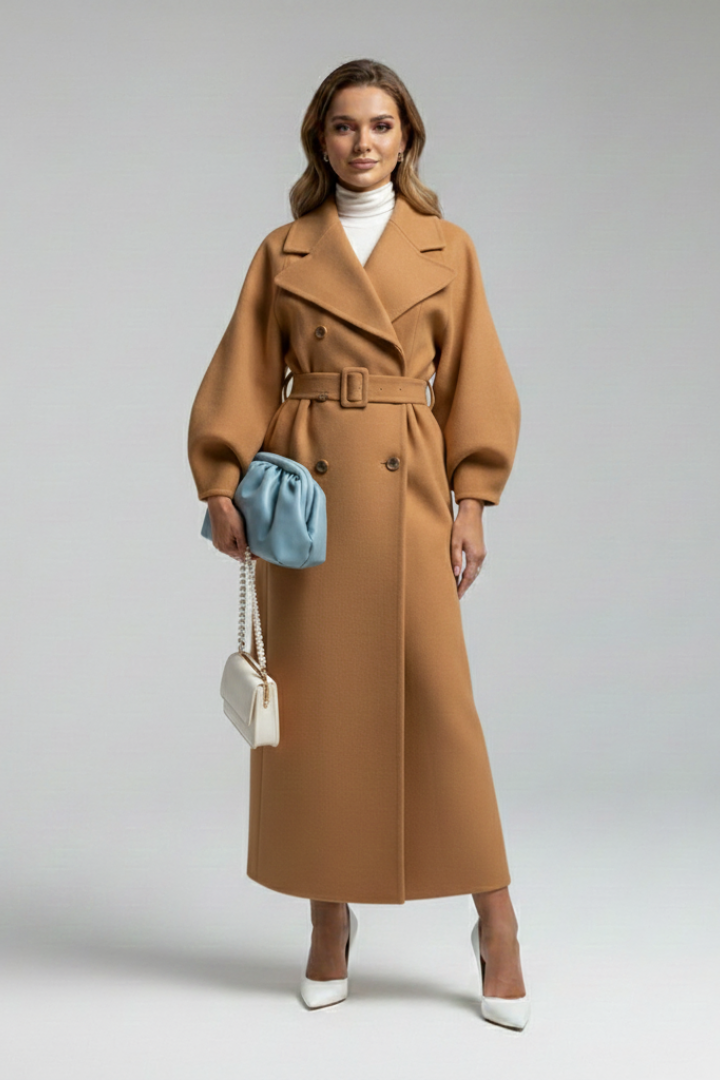 Women’s Long Trench Coat with Lapel Collar and Button Closure