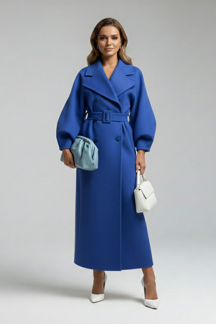Women’s Long Trench Coat with Lapel Collar and Button Closure