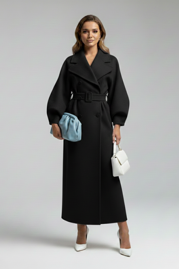 Women’s Long Trench Coat with Lapel Collar and Button Closure