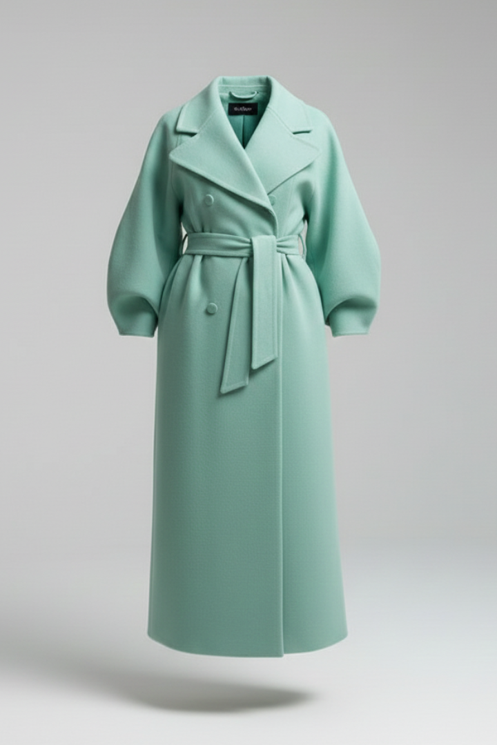 Women’s Long Trench Coat with Lapel Collar and Button Closure