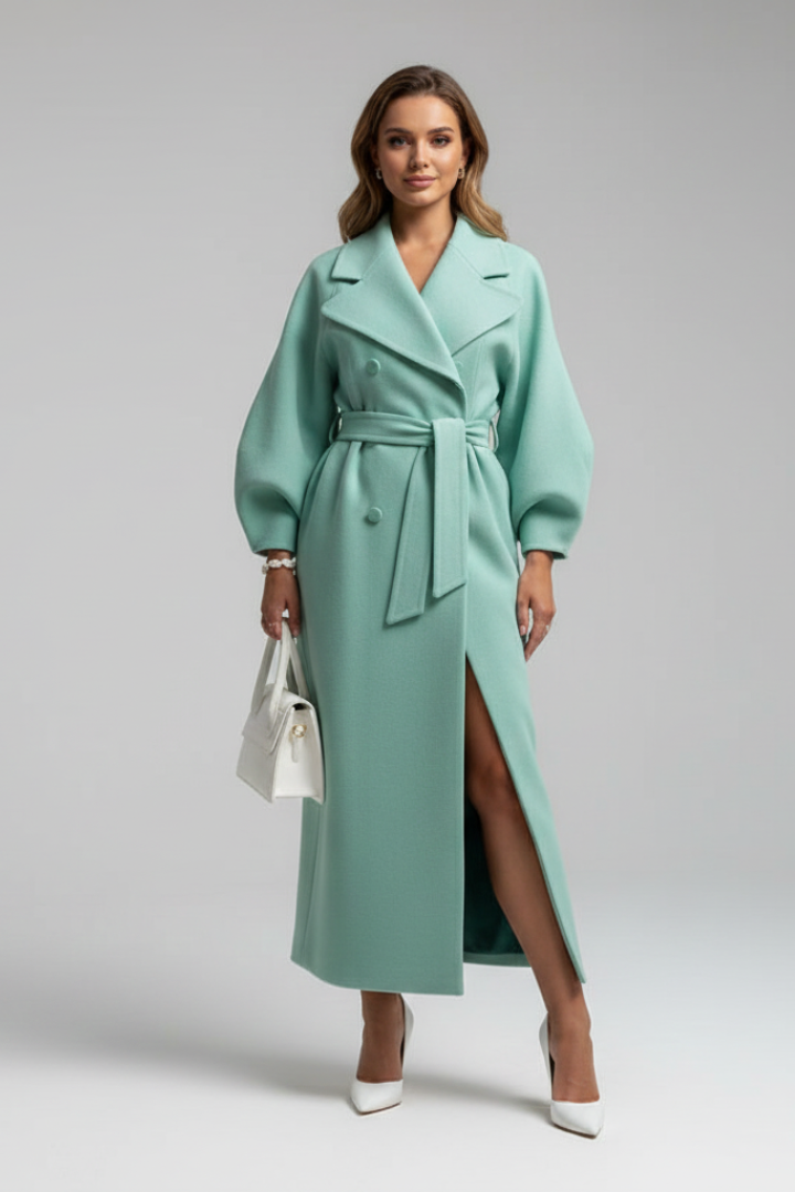 Women’s Long Trench Coat with Lapel Collar and Button Closure