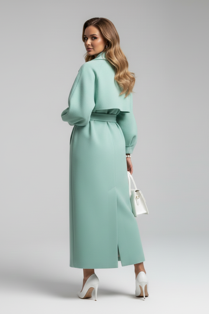 Women’s Long Trench Coat with Lapel Collar and Button Closure