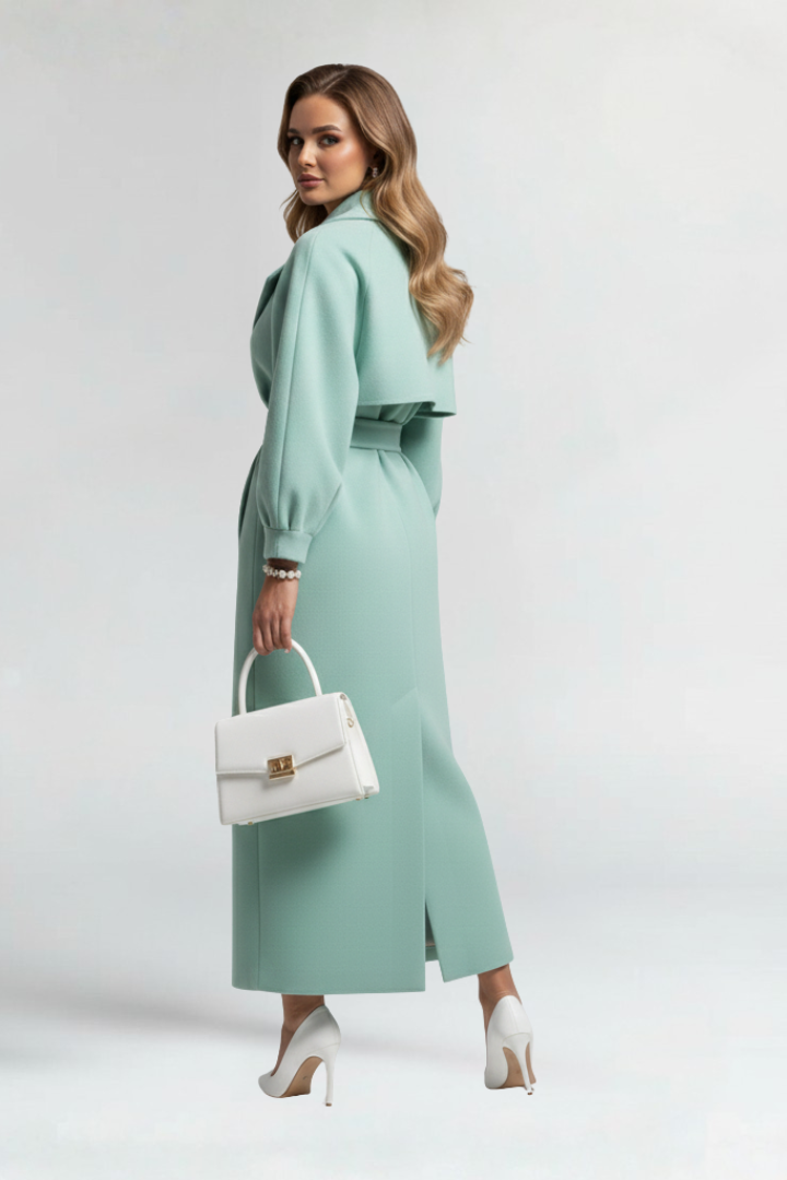 Women’s Long Trench Coat with Lapel Collar and Button Closure