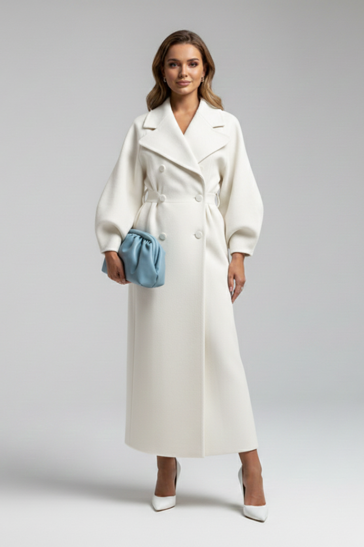 Women’s Long Trench Coat with Lapel Collar and Button Closure