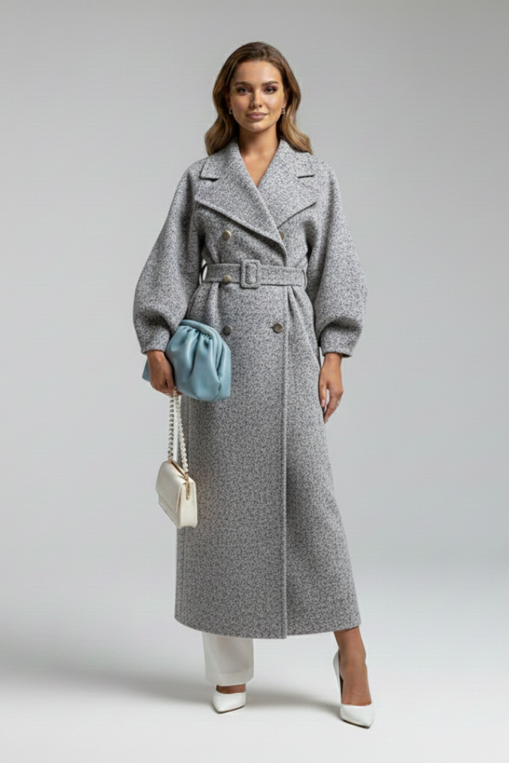 Women’s Long Trench Coat with Lapel Collar and Button Closure