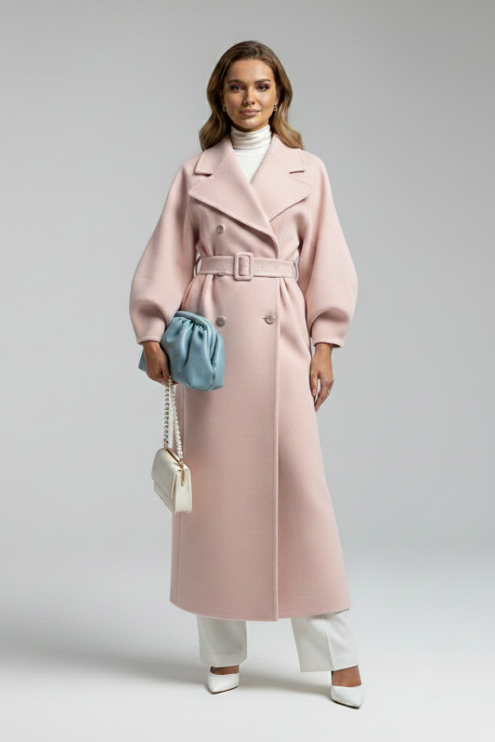 Women’s Long Trench Coat with Lapel Collar and Button Closure