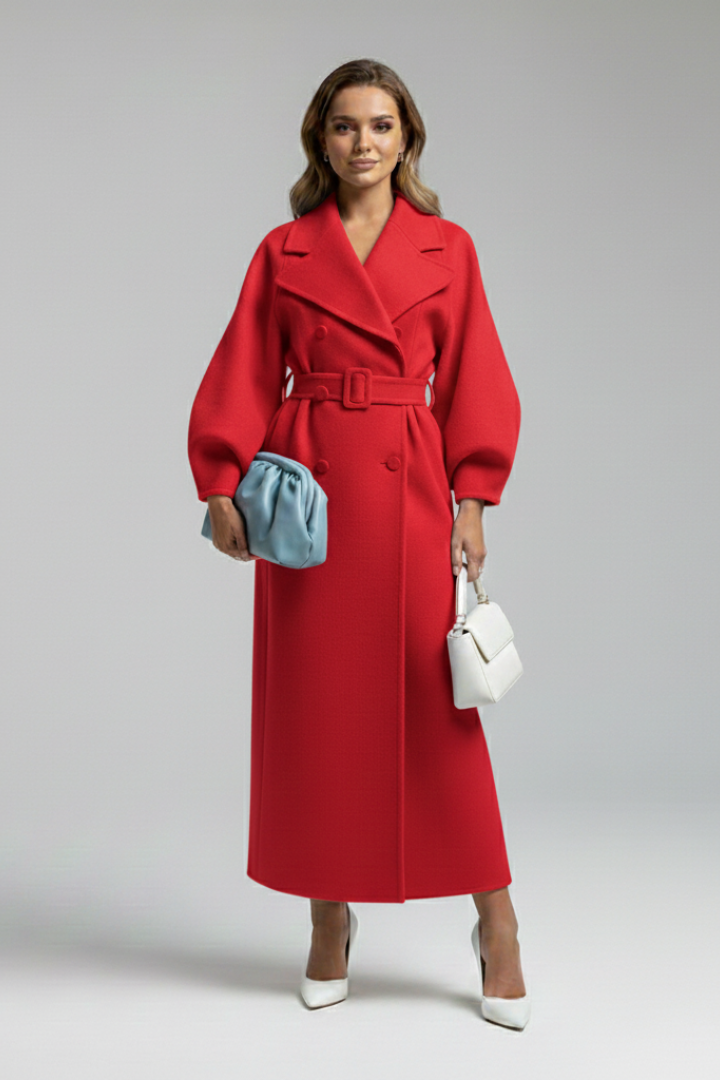 Women’s Long Trench Coat with Lapel Collar and Button Closure