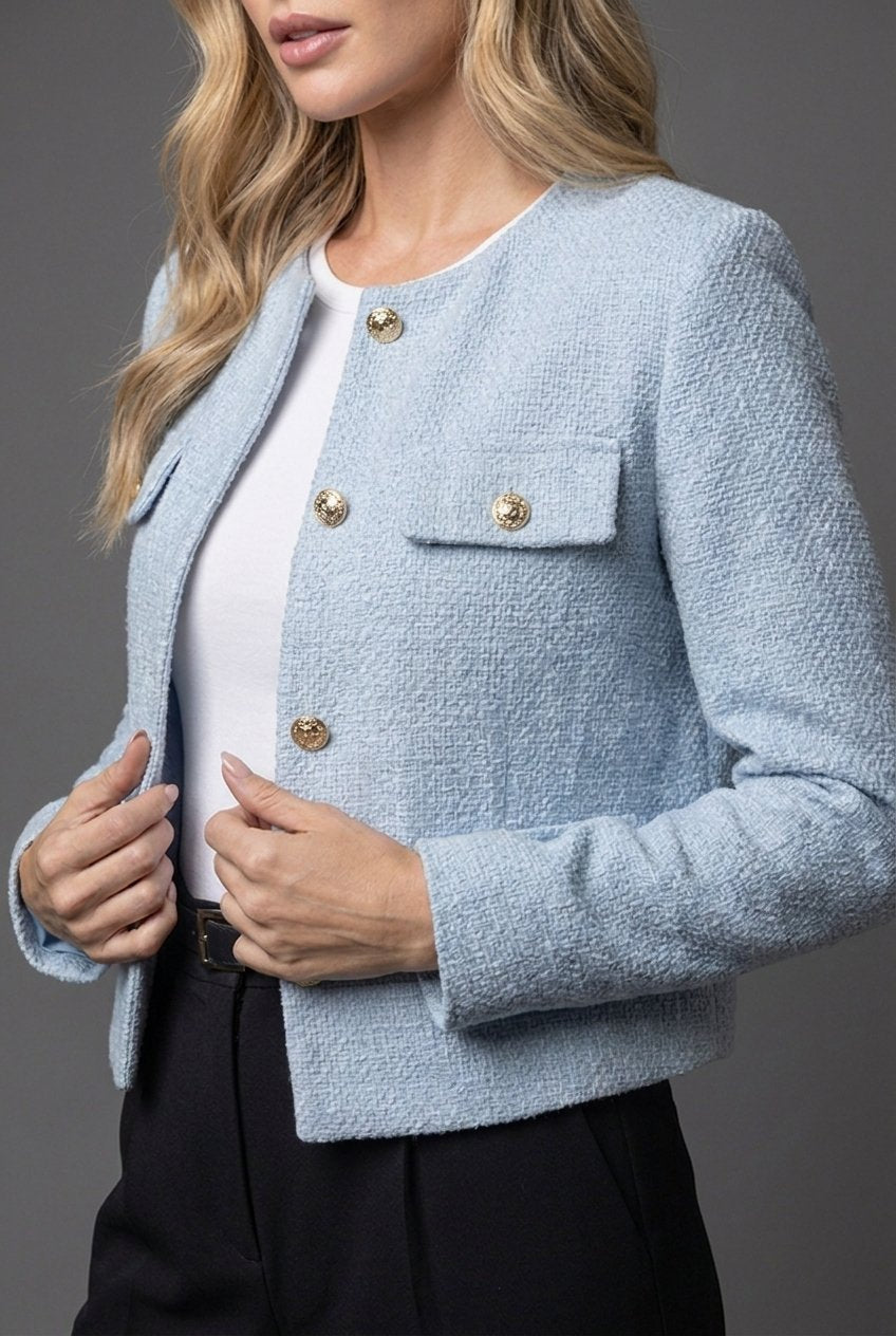 Women's Cropped Blazer with Gold Buttons in Soft Tweed – Elegant Round Neck Design