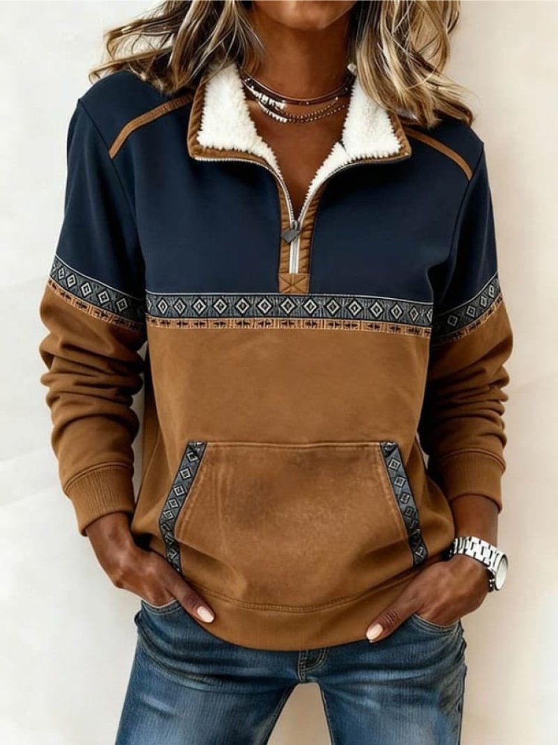 Novelle | Colour-Block Aztec Quarter-Zip Fleece Sweater