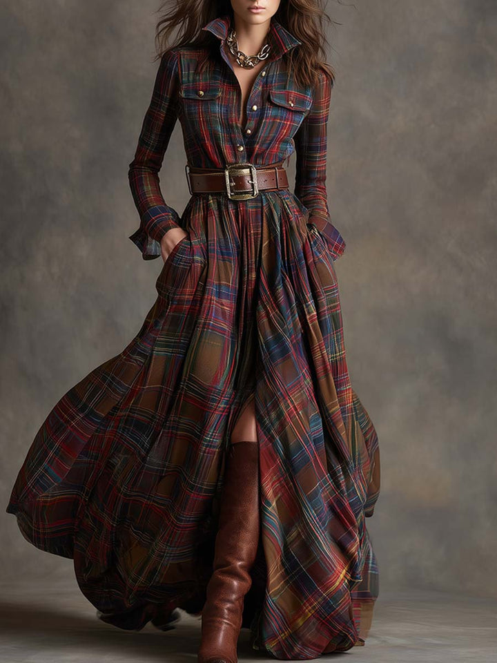 Giulia - Long plaid dress in reddish-brown with collar and retro ethnic style
