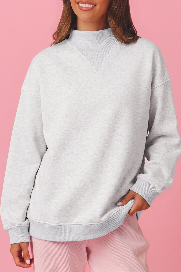 Olive Lane Light Grey High Neck Ribbed Cuff Hem Sweatshirt