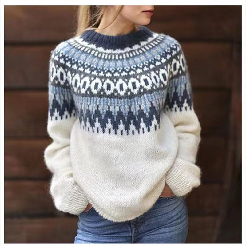 Women's Nordic Pattern Sweater, Crew Neck, Long Sleeves