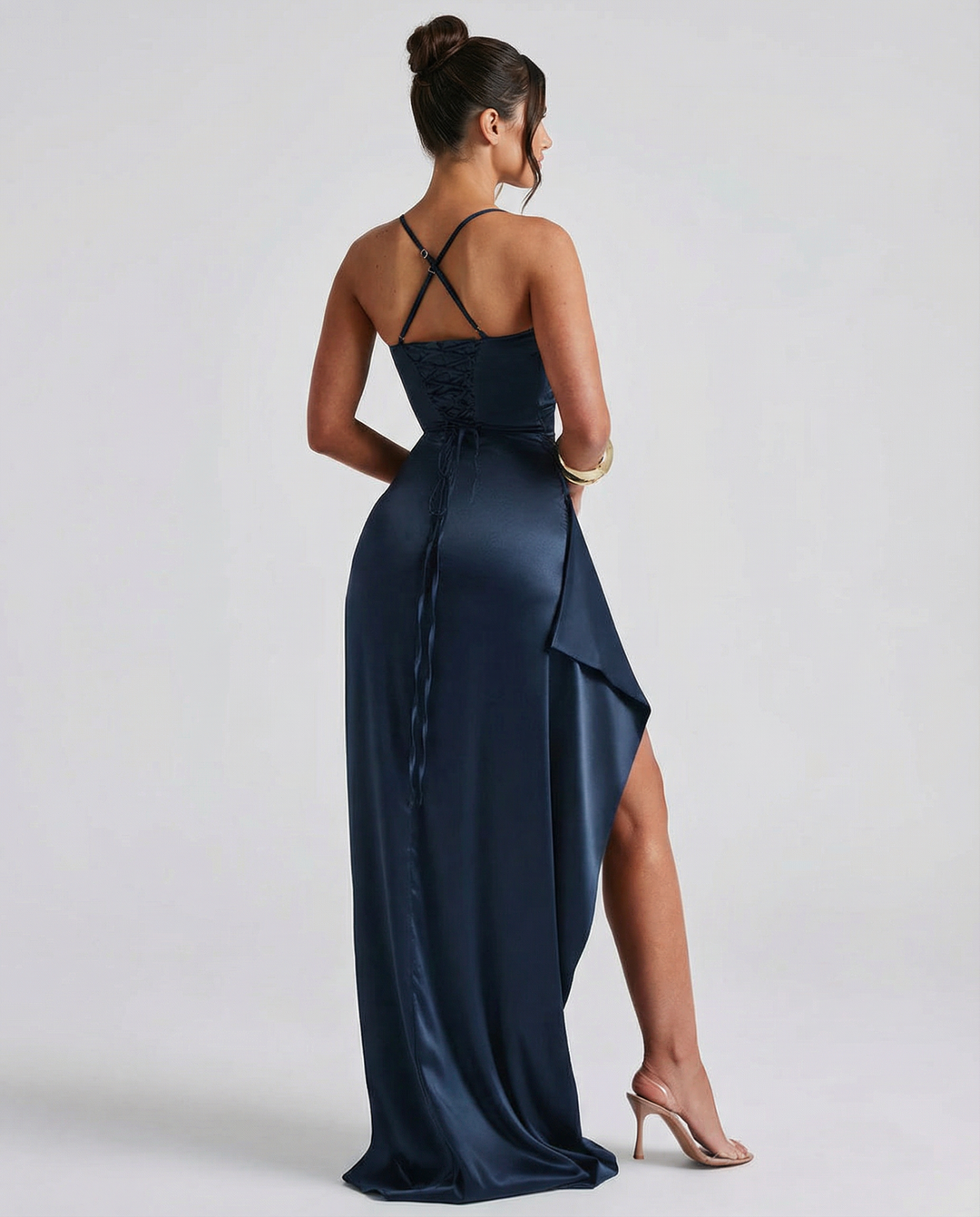 Janelle | Satin Cowl Neck Lace Up Maxi Dress