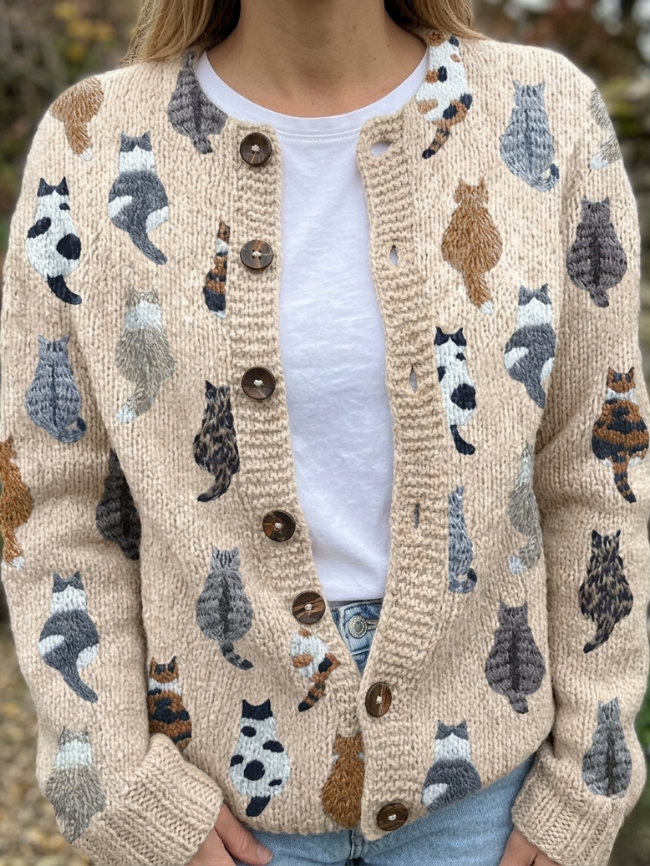 Women's Cat Print Knit Cardigan, Button Front, Long Sleeves