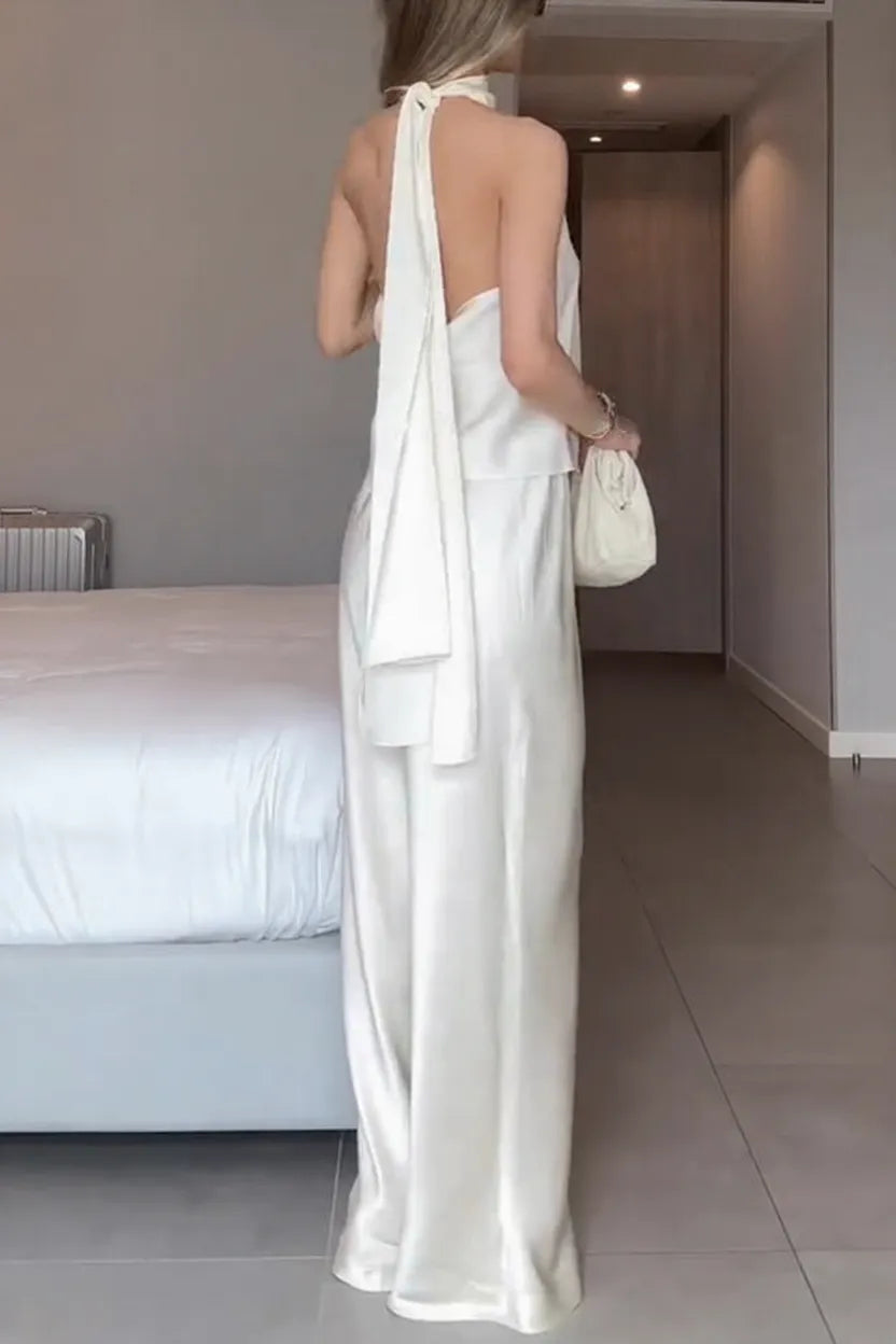 Modern Day Glam Satin Halter Tie-up Tank and Elastic Waist Wide Leg Pants Set