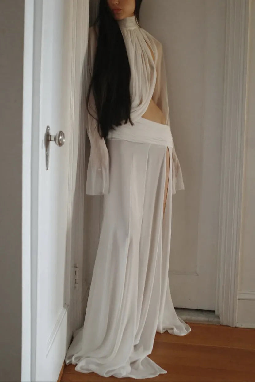 Sexy See-through High-neck Long-sleeved Draped Top and High-waisted Slit Maxi Skirt Vacation Set