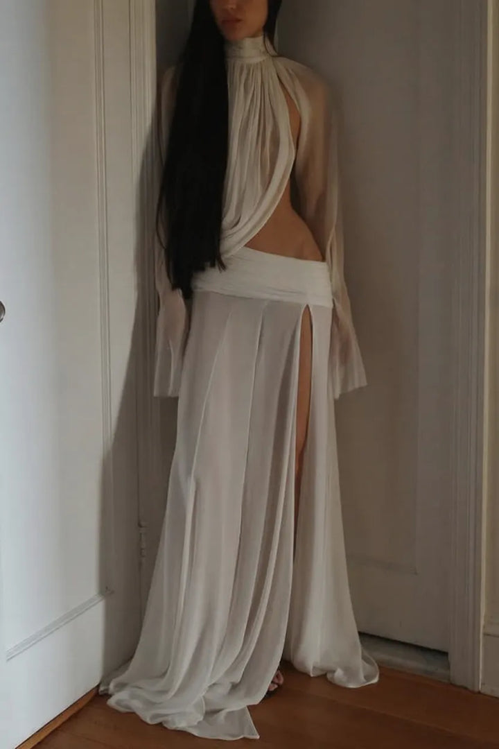 Sexy See-through High-neck Long-sleeved Draped Top and High-waisted Slit Maxi Skirt Vacation Set