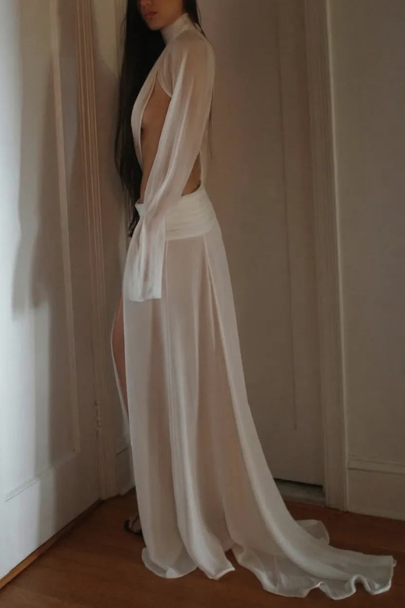 Sexy See-through High-neck Long-sleeved Draped Top and High-waisted Slit Maxi Skirt Vacation Set